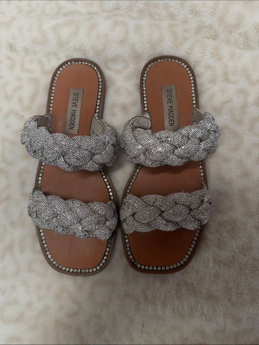 Steve Madden Silver Braided Double-Strap Slide Sandals with Rhinestone Trim